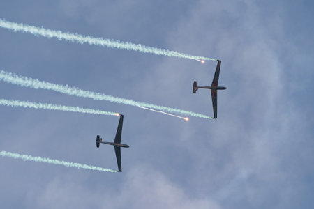 Mollis, Switzerland, August 18, 2023 LET Blanic L13 Glider acrobatic flight during an air displayのeditorial素材