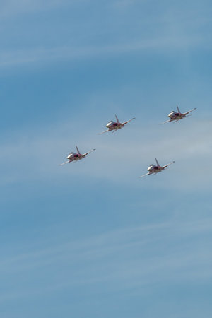 Mollis, Switzerland, August 18, 2023 Patrouille Suisse Northrop F-5E Tiger II military jet doing acrobatic flights during an air displayのeditorial素材