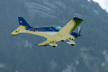 Mollis, Switzerland, August 18, 2023 HB-KKB BRM Aero Bristell B23 aircraft is taking off from runway 01のeditorial素材
