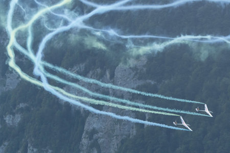 Mollis, Switzerland, August 18, 2023 LET Blanic L13 Glider acrobatic flight during an air displayのeditorial素材