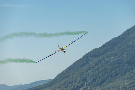 Mollis, Switzerland, August 18, 2023 LET Blanic L13 Glider acrobatic flight during an air displayのeditorial素材