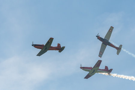 Mollis, Switzerland, August 18, 2023 Pilatur PC-7 Subito Team is performing during an air displayのeditorial素材