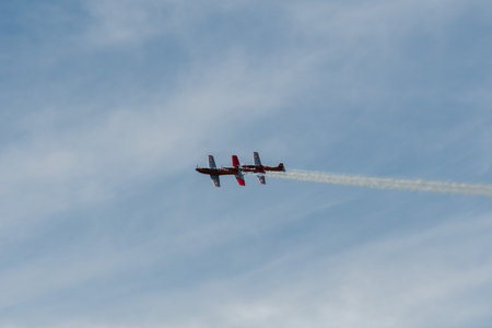 Mollis, Switzerland, August 18, 2023 Pilatur PC-7 Subito Team is performing during an air displayのeditorial素材