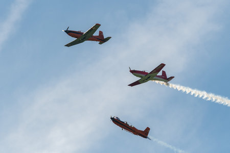 Mollis, Switzerland, August 18, 2023 Pilatur PC-7 Subito Team is performing during an air displayのeditorial素材