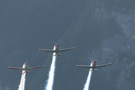 Mollis, Switzerland, August 18, 2023 Pilatur PC-7 Subito Team is performing during an air displayのeditorial素材