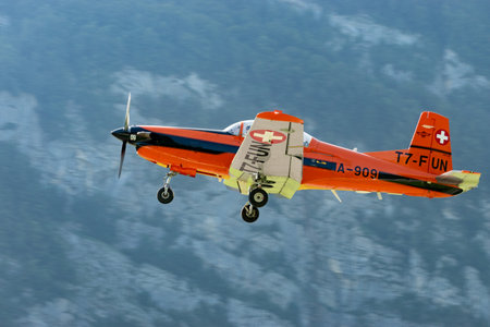 Mollis, Switzerland, August 18, 2023 Pilatus PC-7 aircraft is departing from runway 19のeditorial素材