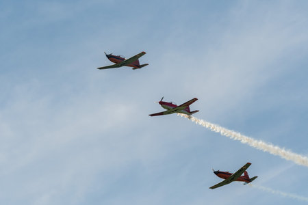 Mollis, Switzerland, August 18, 2023 Pilatur PC-7 Subito Team is performing during an air displayのeditorial素材