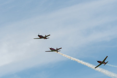 Mollis, Switzerland, August 18, 2023 Pilatur PC-7 Subito Team is performing during an air displayのeditorial素材