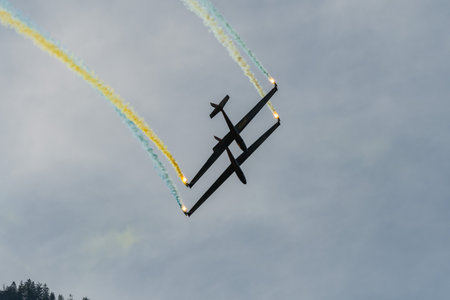 Mollis, Switzerland, August 18, 2023 LET Blanic L13 Glider acrobatic flight during an air displayのeditorial素材