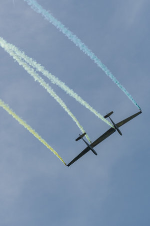 Mollis, Switzerland, August 18, 2023 LET Blanic L13 Glider acrobatic flight during an air displayのeditorial素材