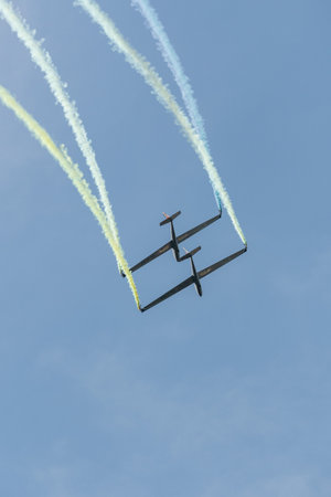 Mollis, Switzerland, August 18, 2023 LET Blanic L13 Glider acrobatic flight during an air displayのeditorial素材