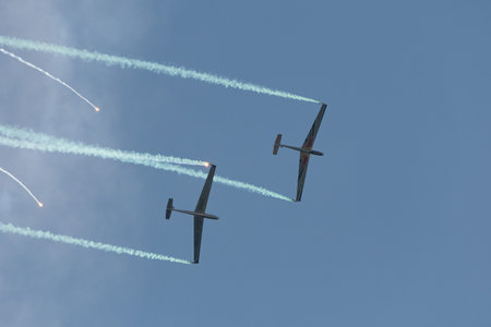 Mollis, Switzerland, August 18, 2023 LET Blanic L13 Glider acrobatic flight during an air displayのeditorial素材