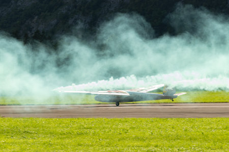Mollis, Switzerland, August 18, 2023 LET Blanic L13 Glider acrobatic flight during an air displayのeditorial素材