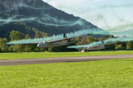 Mollis, Switzerland, August 18, 2023 LET Blanic L13 Glider acrobatic flight during an air displayのeditorial素材