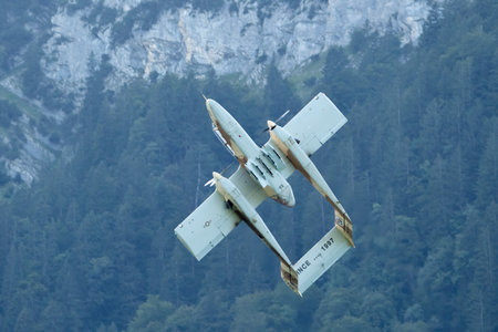 Mollis, Switzerland, August 18, 2023 F-AZKM SIAI North american OV-10B Bronco is performing during an air displayのeditorial素材