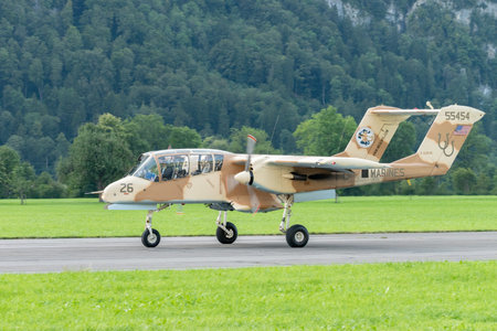 Mollis, Switzerland, August 18, 2023 F-AZKM North american OV-10B Bronco aircraft is taxiing on the runwayのeditorial素材