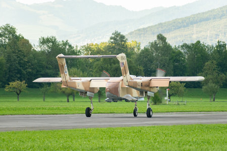 Mollis, Switzerland, August 18, 2023 F-AZKM North american OV-10B Bronco is landing on runway 01のeditorial素材