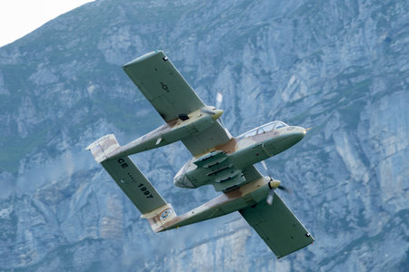 Mollis, Switzerland, August 18, 2023 F-AZKM SIAI North american OV-10B Bronco is performing during an air displayのeditorial素材