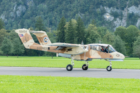 Mollis, Switzerland, August 18, 2023 F-AZKM North american OV-10B Bronco is landing on runway 01のeditorial素材