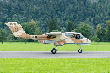 Mollis, Switzerland, August 18, 2023 F-AZKM North american OV-10B Bronco is landing on runway 01のeditorial素材