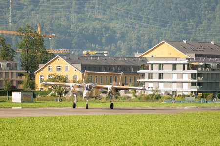 Mollis, Switzerland, August 18, 2023 F-AZKM North american OV-10B Bronco aircraft is taxiing on the runwayのeditorial素材