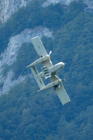 Mollis, Switzerland, August 18, 2023 F-AZKM SIAI North american OV-10B Bronco is performing during an air displayのeditorial素材