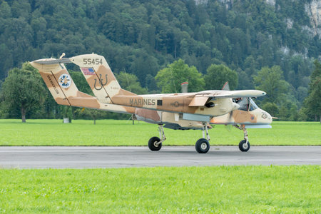 Mollis, Switzerland, August 18, 2023 F-AZKM North american OV-10B Bronco is landing on runway 01のeditorial素材