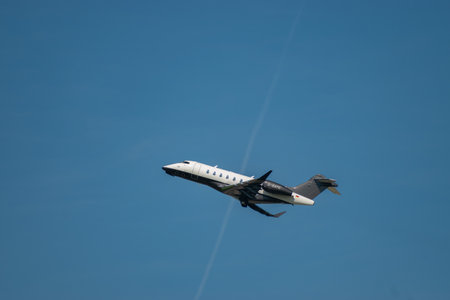 Zurich, Switzerland, September 6, 2023 D-BAPE Bombardier Challenger 350 aircraft is departing from runway 28のeditorial素材