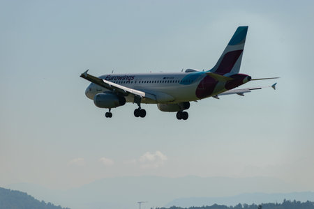 Zurich, Switzerland, September 6, 2023 9H-EXS Eurowings Europe Malta Airbus A319-132 aircraft on its final approach to runway 14のeditorial素材