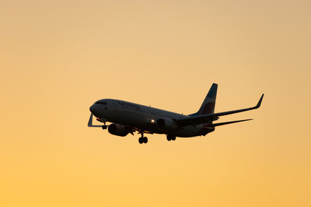 Zurich, Switzerland, September 6, 2023 D-ABKJ Eurowings Boeing 737-86J aircraft arrival on runway 14 in the eveningのeditorial素材