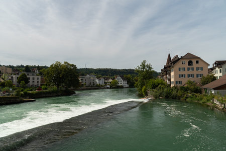 Bremgarten, Canton Aargau, Switzerland, September 3, 2023 Pretty view along the Reuss river in the...