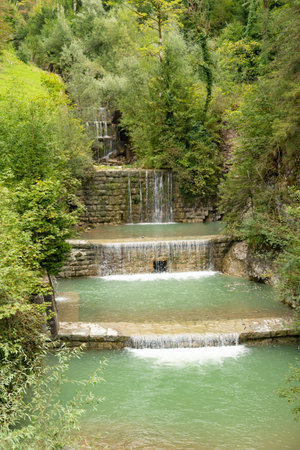 Dornbirn, Austria, September 14, 2023 Wonderful waterfall at the Rappenloch canyon along a pretty hiking trailの写真素材