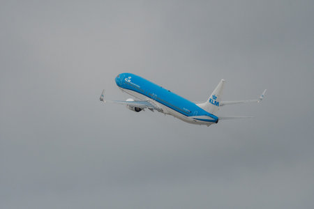 Zurich, Switzerland, December 6, 2023 PH-BXP KLM Royal Dutch Airlines Boeing 737-9K2 aircraft is taking off from runway 28のeditorial素材