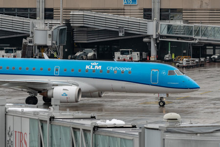 Zurich, Switzerland, December 6, 2023 PH-EZU KLM Royal Dutch Airlines Embraer E190-STD aircraft is...