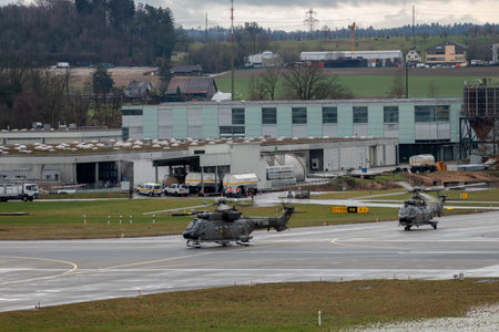 Zurich, Switzerland, January 17, 2024 Swiss Air Force Super Puma helicopter at the international...