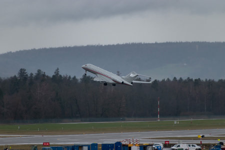 Zurich, Switzerland, January 18, 2024 9H-VJM Vista Jet Bombardier Global 6000 aircraft is taking off from runway 28 during the world economic forum in Davosのeditorial素材