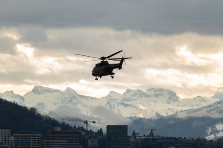 Zurich, Switzerland, January 17, 2024 Swiss Air Force Super Puma helicopter at the international...