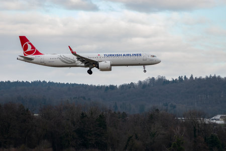 Zurich, Switzerland, January 15, 2024 TC-LSH Turkish Airlines Airbus A321-271NX aircraft is landing on runway 14のeditorial素材