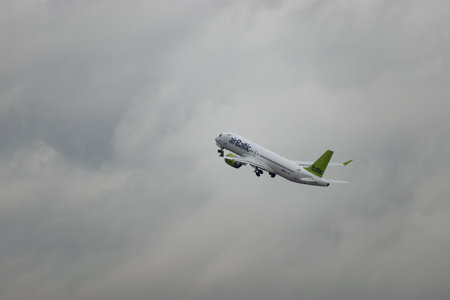 Zurich, Switzerland, January 17, 2024 YL-AAR Air Baltic Airbus A220-300 aircraft is departing from...