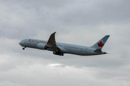 Zurich, Switzerland, January 17, 2024 C-FPQB Air Canada Boeing 787-9 Dreamliner aircraft is taking off from runway 16 on a rainy dayのeditorial素材