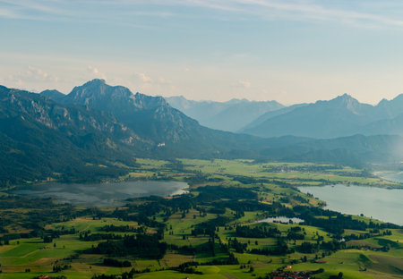 Fuessen area, Germany, July 30, 2024 Lake Forggensee in Bavaria during a flight in a small planeの写真素材
