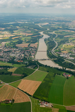 Neuoetting, Germany, August 4, 2024 View over the city center during a flight in a small planeの写真素材