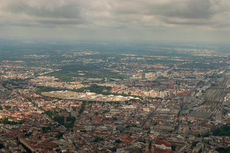 Munich, Germany, August 4, 2024 Downtown area seen from above during a flight in a small planeの写真素材
