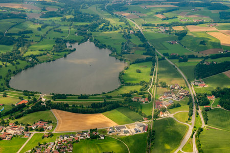 Pfarrkirchen, Germany, August 4, 2024 View to the lake Rottauensee during a flight in a small plane
