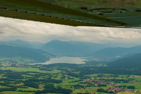 Tegernsee area, Bavaria, Germany, View to the lake during a flight in a small planeの写真素材