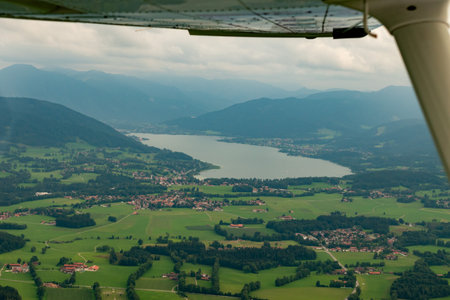 Tegernsee area, Bavaria, Germany, View to the lake during a flight in a small planeの写真素材