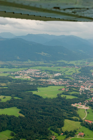 Bad Toelz, Bavaria, Germany, August 4, 2024 View over the city during a flight in a small planeの写真素材