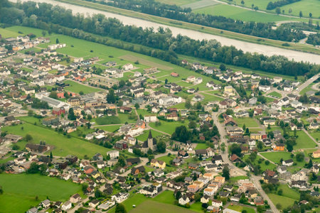 Ruggell, Liechtenstein, August 19, 2024 View over the village during a flight in a small planeの写真素材