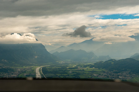 Liechtenstein, August 19, 2024 Rhine valley seen during a flight in a small planeの写真素材