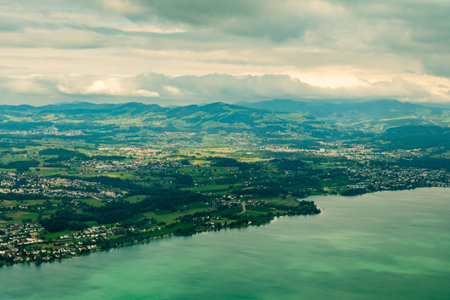 Switzerland, August 19, 2024 View over the lake of Zurich during a flight in a small planeの写真素材